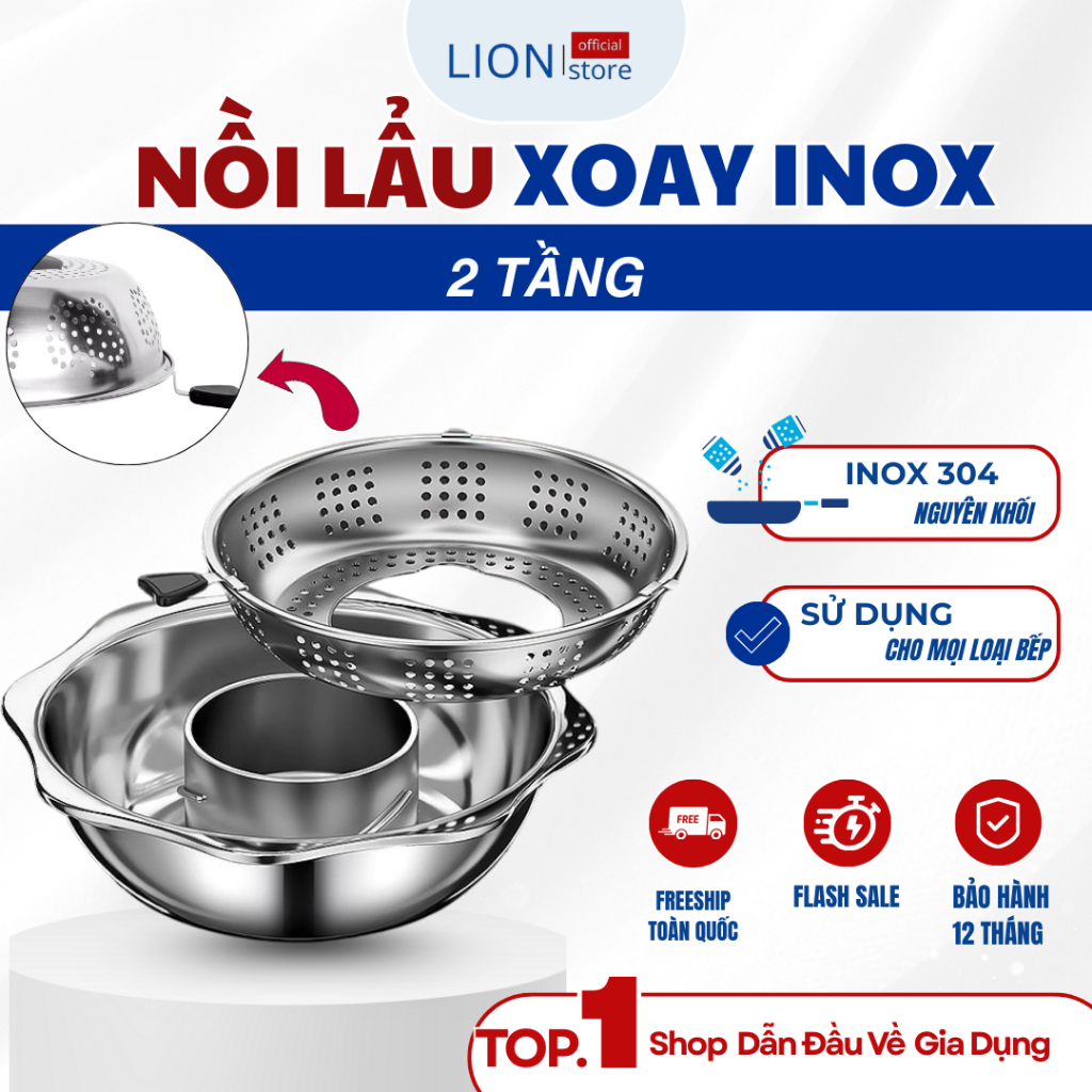 [𝐠𝐢𝐚𝐝𝐮𝐧𝐠𝐋𝐈𝐎𝐍] Nồi Lẩu Inox 304 Xoay 2 Tầng – Nồi Lẩu 2 Ngăn Hàn Quốc Dùng Mọi Loại Bếp X496