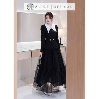 Set Váy Tiểu Thư Alice Áo Chất Chéo Rubi Dáng Peplum Phối Trắng Tay Dài Bồng, Chân Váy Lưới Dáng Dài A1054+CV1039