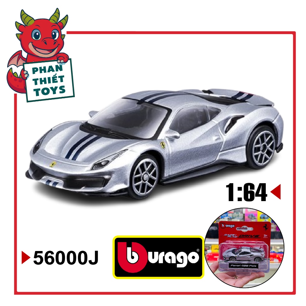 Mô hình xe Ferrari 488 pista silver bản card Race&play DRIVE bằng kim loại tỉ lệ 1:64 Bburago 18-560