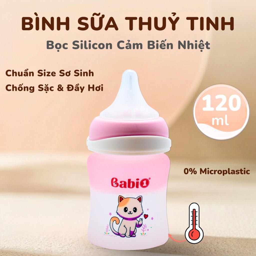 Bình Sữa Thủy Tinh Babi1 120ml Cho Bé Sơ Sinh, Báo Nóng Cảm Biến Nhiệt Silicon Chống Sặc Hạn Chế Vỡ