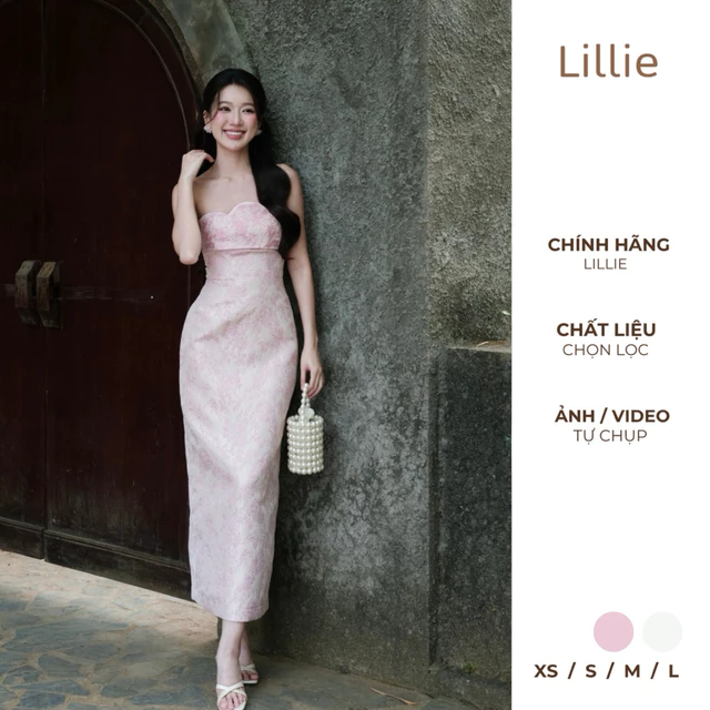 LILLIE | Đầm Dự Tiệc Gấm Kim Hoa Cúp Ngực Dáng Dài, Váy Nữ Thiết Kế Tiểu Thư Sang Chảnh