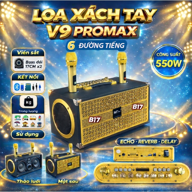 Loa Xách Tay Karaoke V9PROMAX + E9PRO Loa 6 Đường Tiếng,2 Micro Hát Nhẹ , Mạch DSP Echo Reverb Công 