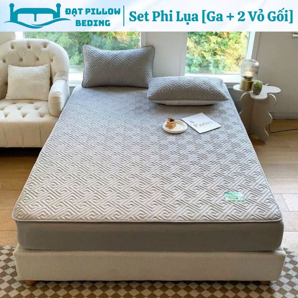 Set 3 Món [ Ga Trải Giường + 2 Vỏ Gối Đầu ] Phi Lụa Bo Chun Bọc Đệm Trần Bông Dày Dặn 1m6 1m8 2m2