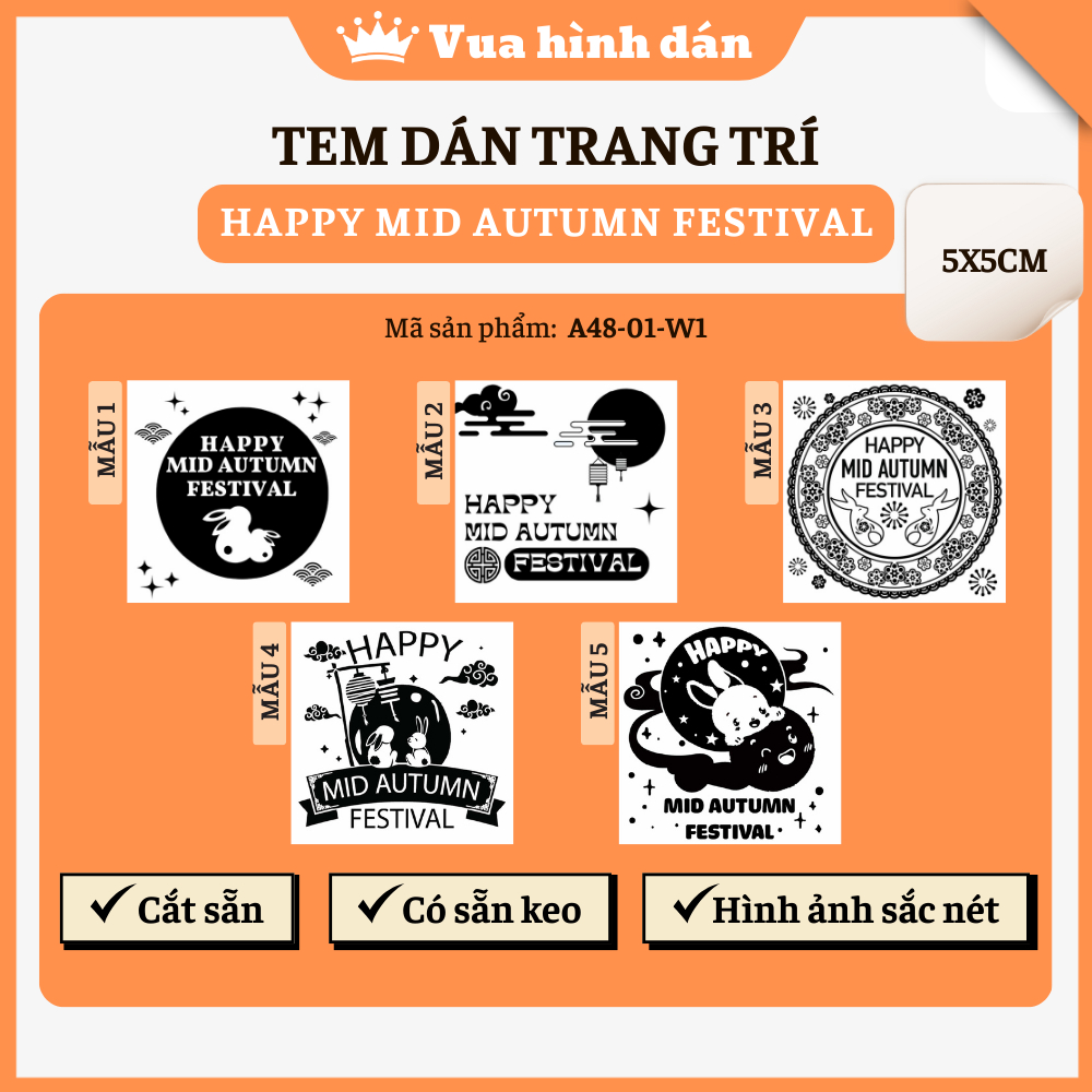 Set 50/100 sticker HAPPY MID AUTUMN FESTIVAL (5x5cm) - Tem trung thu, Sticker tết trung thu, Tem Mid