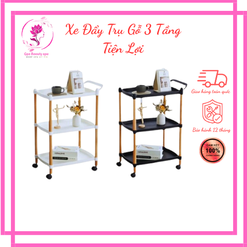 Xe Đẩy Spa 3 Tầng, Xe Đẩy Nhựa Trụ Gỗ Ba Tầng 2 màu trắng và đen, Kệ Nail Mi Móng Tóc, BT Company. X