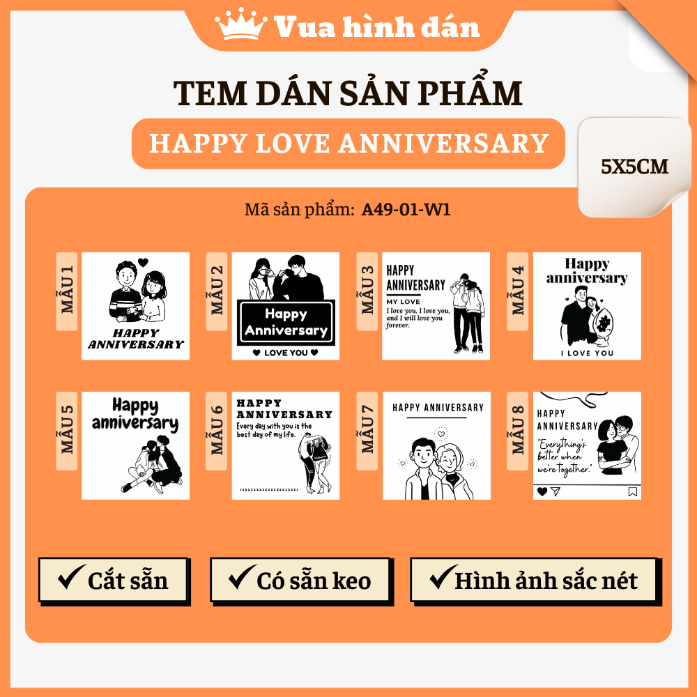 Set 50/100 sticker HAPPY LOVE ANNIVERSARY (5x5cm) - Tem dán quà tặng, Sticker dán gói quà, Sticker l