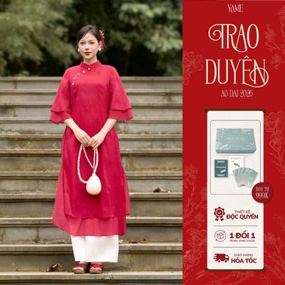 TẶNG LÌ XÌ - Áo Dài Tết YAME Vải Tơ Gương Nhăn Thêu Nổi Đỏ Hồng Cổ Tàu Hai Tà Tay Lỡ Xếp Tầng YAD853