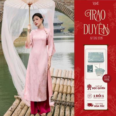 TẶNG LÌ XÌ - Áo Dài Tết YAME Vải Lụa Tằm Hoa Hồng Phấn Cổ Cách Điệu Tay Lỡ Đính Cúc Kèm Charm YAD854