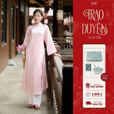 TẶNG LÌ XÌ - Áo Dài Tết YAME Vải Lụa Gấm Họa Tiết Hồ Điệp Màu Hồng Phấn Tay Dài Cổ Đính Hoa YAD855
