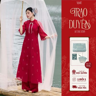 TẶNG LÌ XÌ - Áo Dài Tết YAME Xẻ Tà Vải Tơ Xước Gân Dệt Hoa Kim Sa Màu Đỏ Đô Đính Nơ Tay Lỡ YAD863