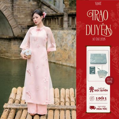 TẶNG LÌ XÌ - Áo Dài Tết YAME Hồng Pastel Vải Tơ Kính Nước Thêu Họa Tiết Vân Mây Hai Tà Cài Nơ YAD859