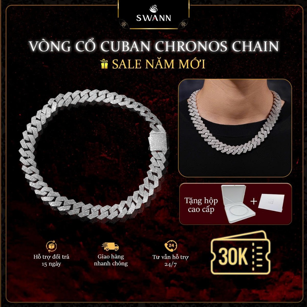 Vòng Cổ, Dây Chuyền Cuban mặt vuông 19mm Chronos Chain SWANN, Phù Hợp Nam Nữ Phong Cách Hip Hop Cá T