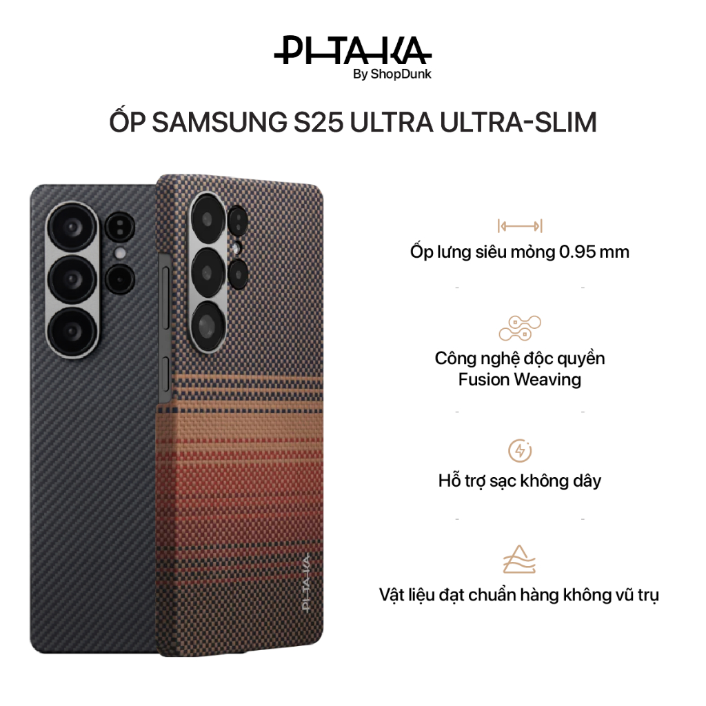 [Samsung S25 Ultra] Ốp lưng vải dệt Pitaka Ultra-Slim (Black/Grey Twill) hỗ trợ sạc không dây