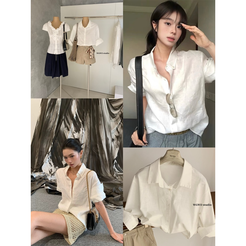 𝗺𝗶𝗲 𝘀𝘁𝘂𝗱𝗶𝗼 - /WGWE/ w8910 Áo Sơ Mi Trắng Nữ Đơn Giản Dáng Rộng Thoải Mái Easy Chic