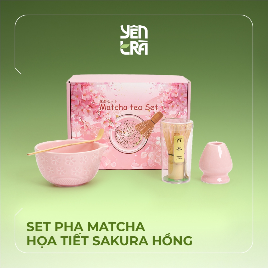 Bộ Pha Matcha - Chawan Sakura Hồng Yên Trà (Chasen đính charm sakura, Chawan, Đế Chổi & Chashaku)