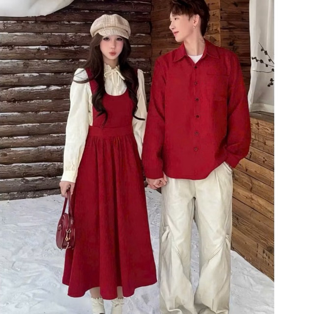 Áo cặp đôi - đồ đôi sơ mi nam nữ đỏ mặc noel tết