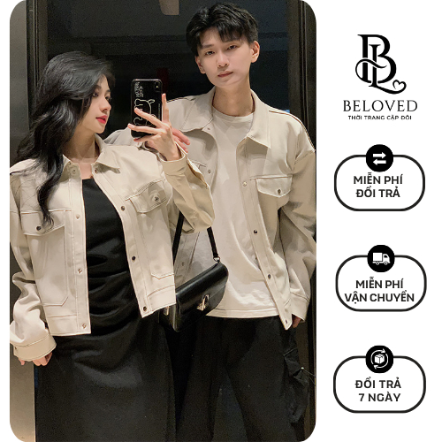 Set Áo Khoác Kaki Đôi Beloved Màu Be Hàn Quốc - Nam Dáng Jacket, Nữ Dáng Croptop Cá Tính (Áo Khoác V