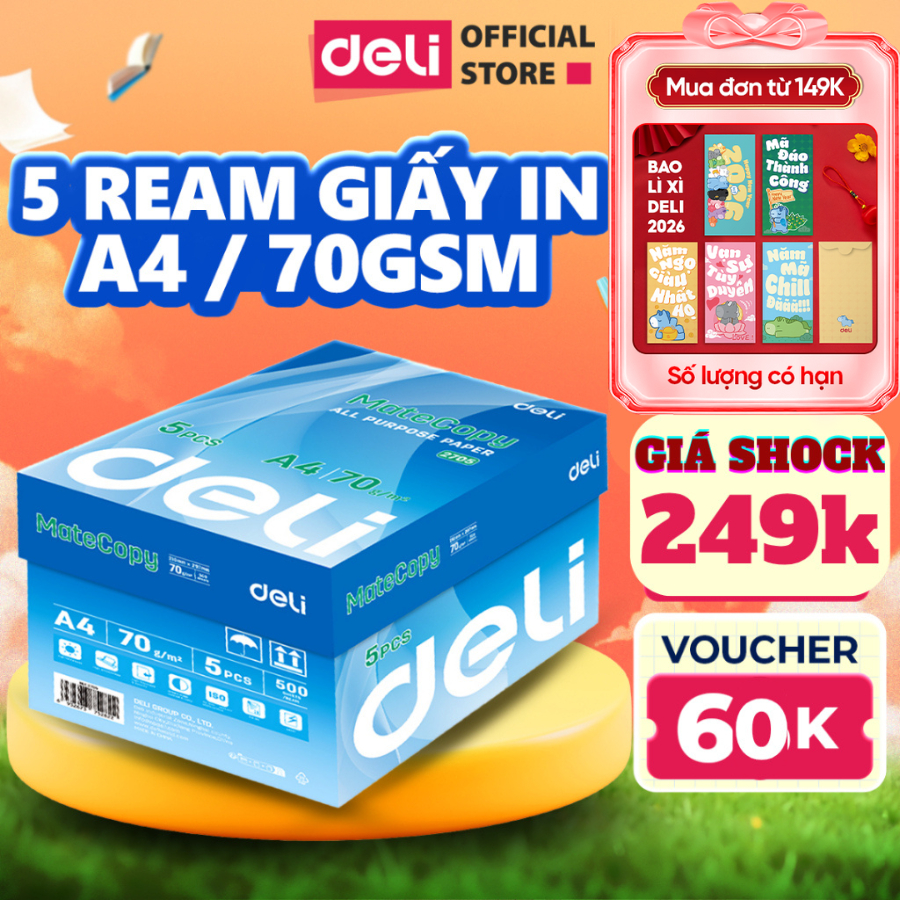 [DEAL SỐC] Thùng 5/10 Ream Giấy A4 Deli Giấy In Photo Copy 70gsm Chính Hãng Loại Dày Ream 500 Tờ Chố