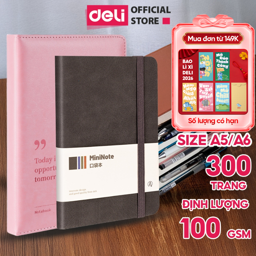 Sổ Da A5/A6/A7 Sổ Tay Bìa Da Kẻ Ngang Deli - 300 Trang Giấy Dày Chất Lượng Chống Nước Quà Tặng Sang 