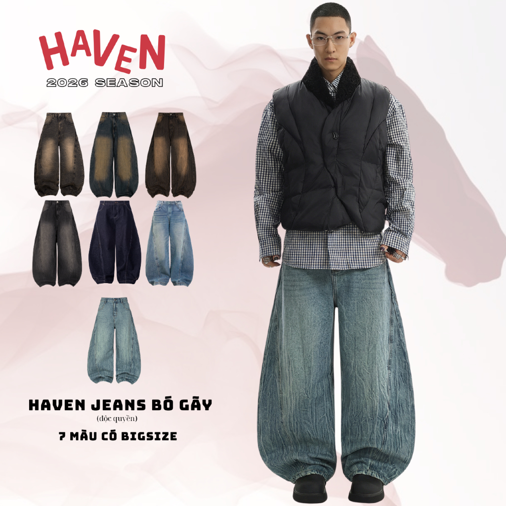 Quần jeans baggy nam nữ Haven Studio ống cong form rộng có 7 màu gồm 5 màu hiệu ứng bó gãy độc quyền