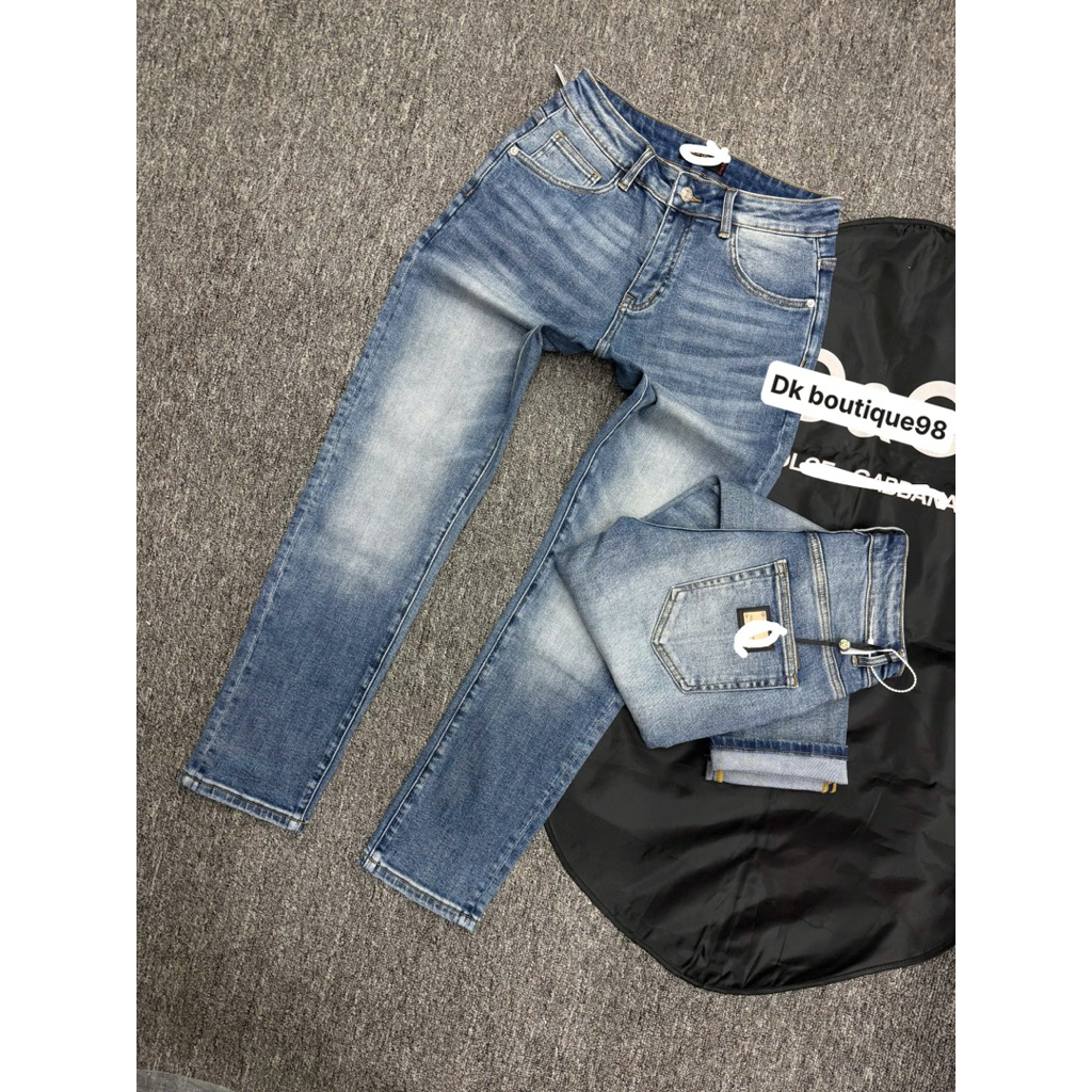 quần bò dài nam dk boutique màu xanh trơn tag gương hoạ tiết cạp điẻm nhấn,vải dầy mềm co dãn nhẹ gi