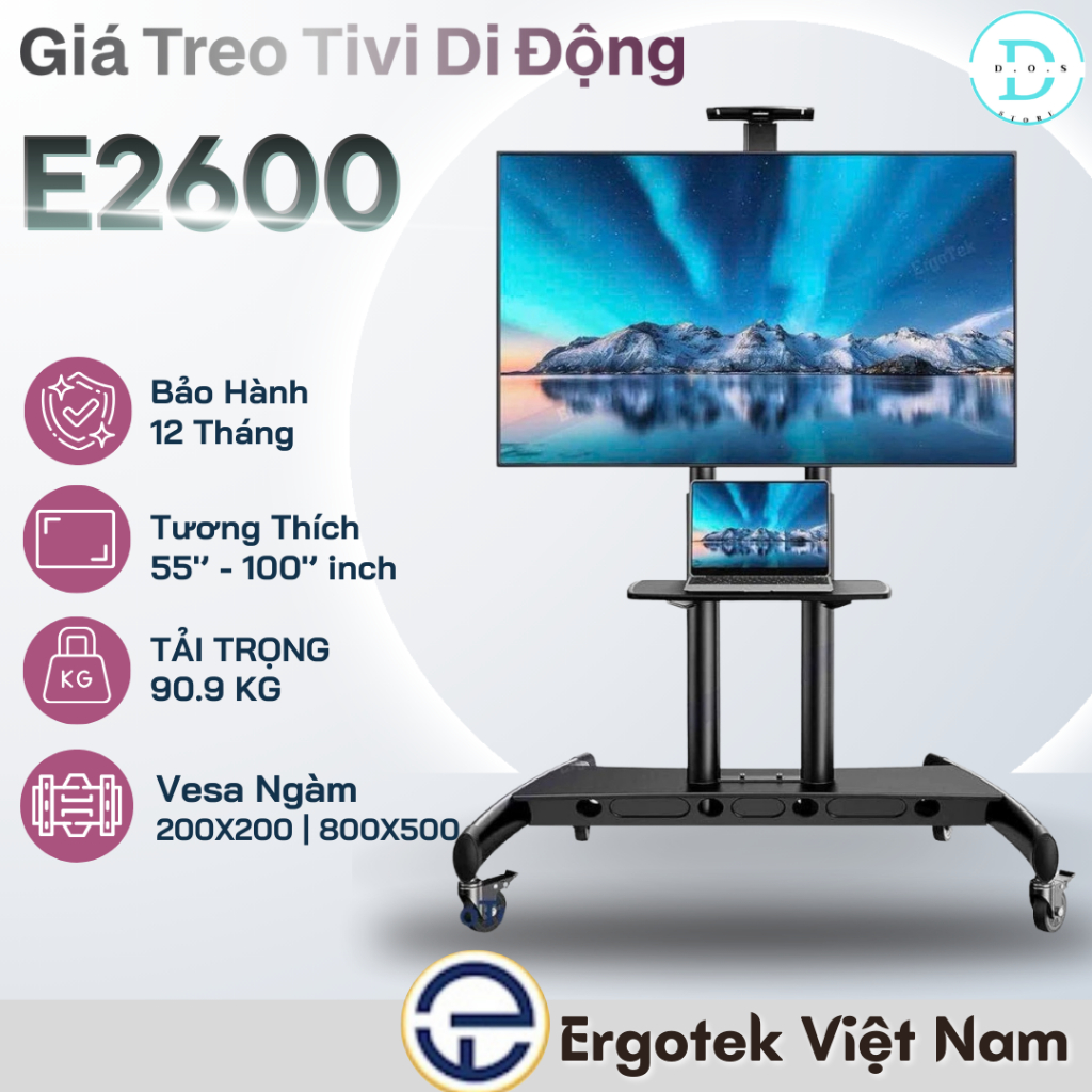 [Hỏa Tốc] Giá treo tivi di động Ergotek E2600 (55-100 Inch) - Tải trọng 91kg - Kệ tivi di động có bá