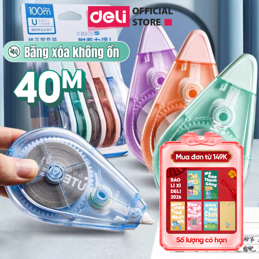 Bút Xóa Băng Học Sinh 40M Xinh Xắn Deli - Xóa Sạch Bám Dính Tốt Khô Nhanh Viết Đè Lên Ngay Băng Kéo 