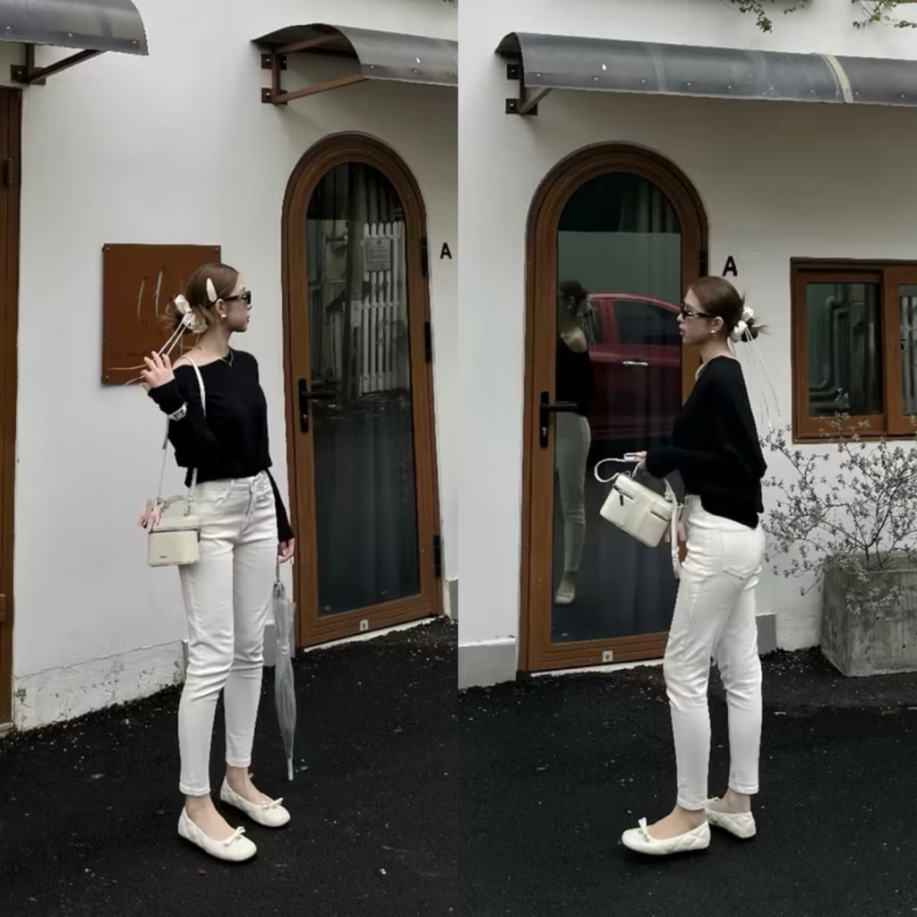Quần Jeans Nữ dáng Ôm Lưng Thấp màu Trắng Basic Quần Jeans Nữ chất liệu Denim Co Giãn Cao Cấp | BigBuy360 - bigbuy360.vn