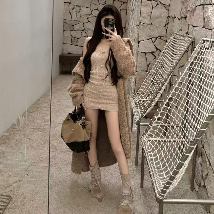 DM3821 Váy ống len liền thân ôm body mix áo Cardigan lên dáng dài trendy