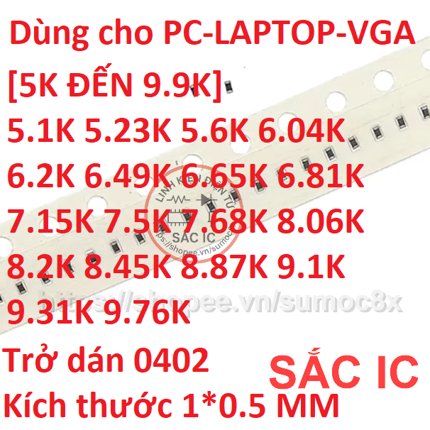 Trở dán 0402 trị số từ 5K đến 9.99K