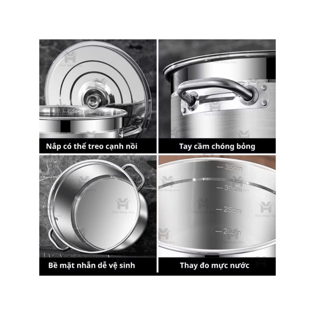 Nồi Cao Inox đáy dầy cao cấp 20L-100L đáy dày,cho bếp tứ,kt 30cm-50cm,hầm xương nấu nước nấu bánh ch