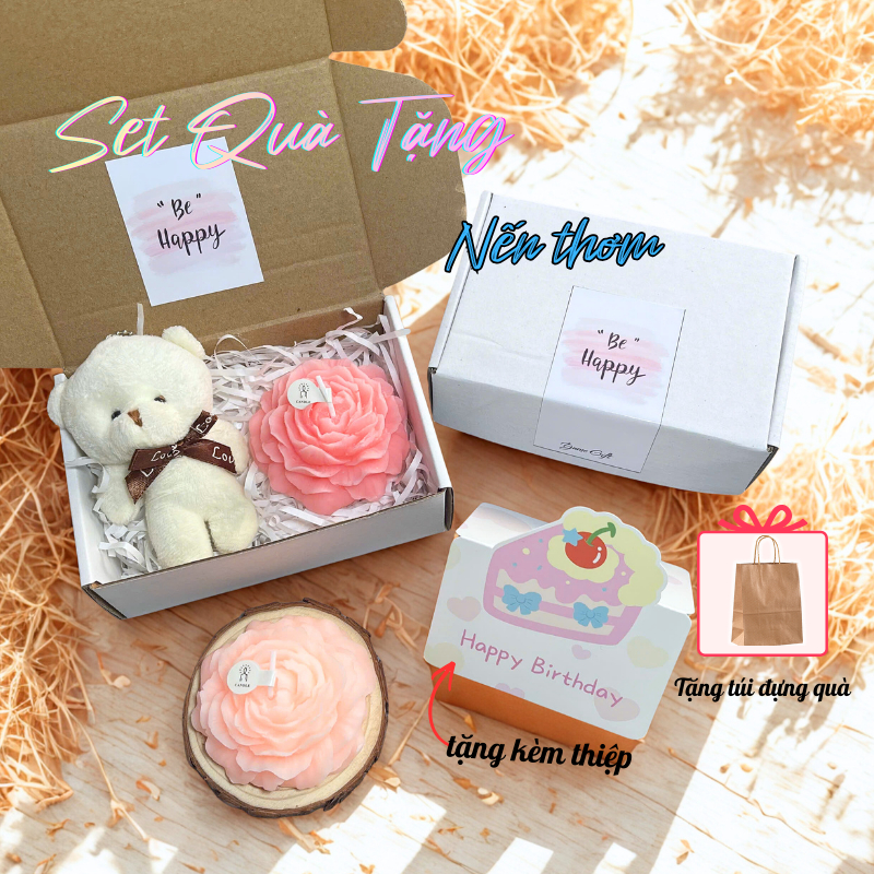 Set nến thơm quà tặng hoa mẫu đơn kèm móc khóa gấu làm quà tặng người thân bạn bè, người yêu
