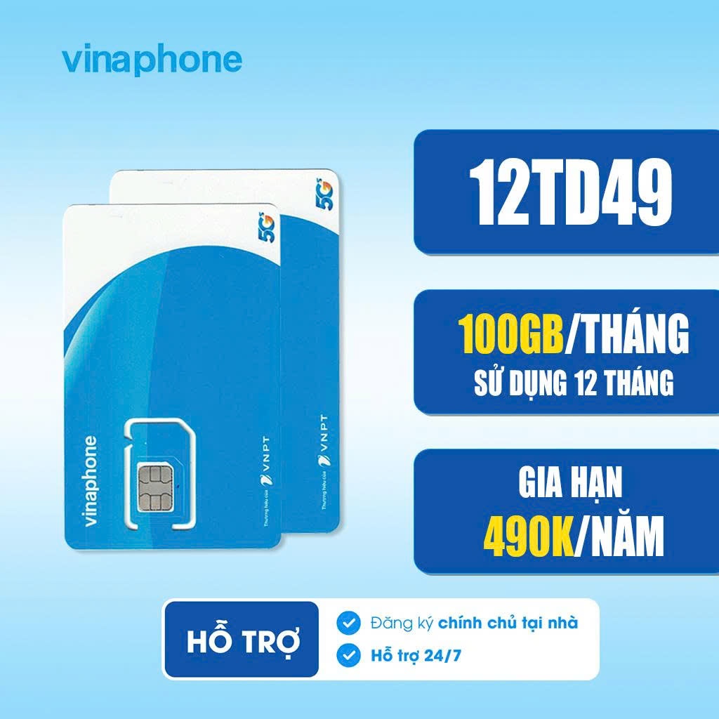 Sim Vinaphone 12TD49 – 100GB/tháng – 12 tháng sử dụng – Gia hạn 490k/năm – Có hỗ trợ Esim.