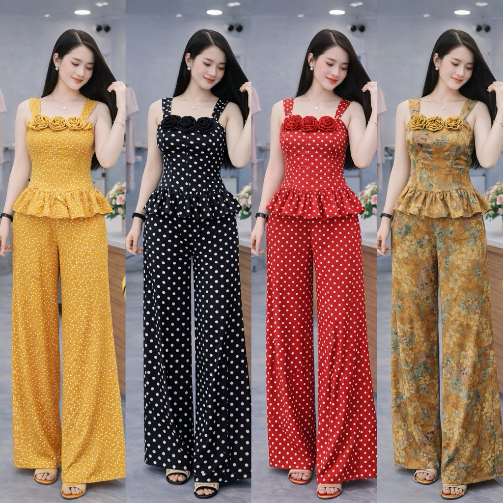 Set Thời Trang Nữ Mango Lụa - Dây Phối Hoa Hồng Quần Ống Rộng Cao Cấp