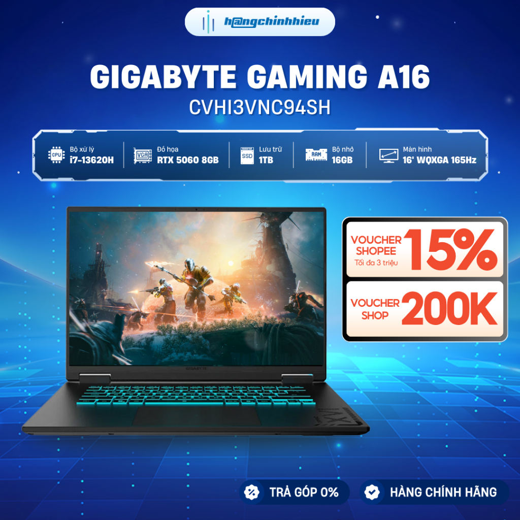 Laptop Gigabyte Gaming A16 CVHI3VNC94SH i7-13620H | GeForce RTX™ 5060 8GB | 16GB | 1TB | 16' 2K WQXG