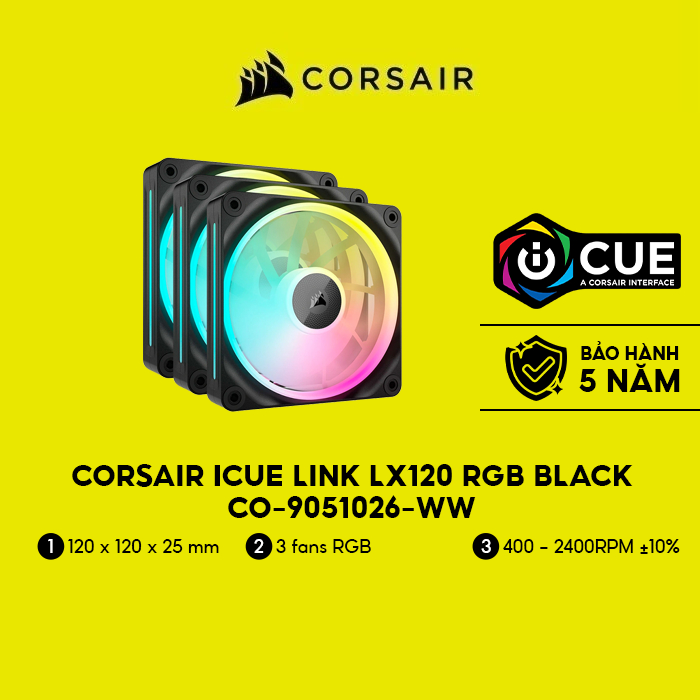 Bộ 3 quạt máy tính Corsair iCUE LINK LX120 RGB Black - CO-9051026-WW