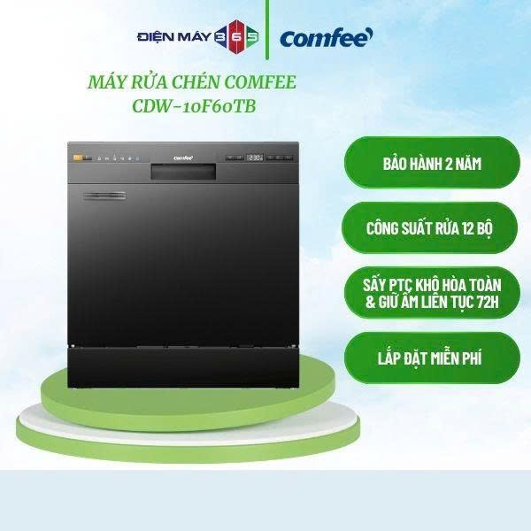 Máy rửa chén thông minh COMFEE CDW-10F60TB Để bàn - Điều khiển Nút nhấn - Sức chứa 12 Bộ
