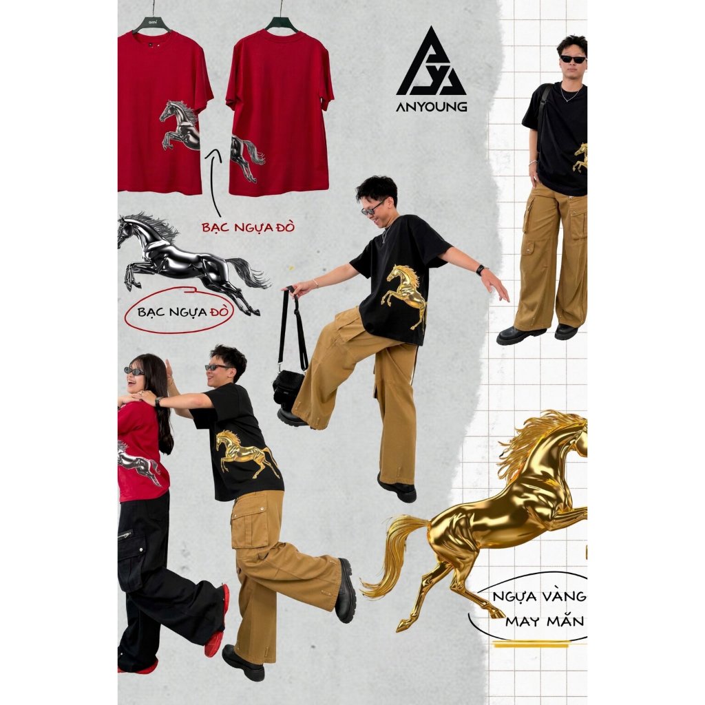 [Vải đẹp]  Anyoung Áo thun Tết Ngựa Mã 3D – Mặc Tết may mắn, form rộng unisex