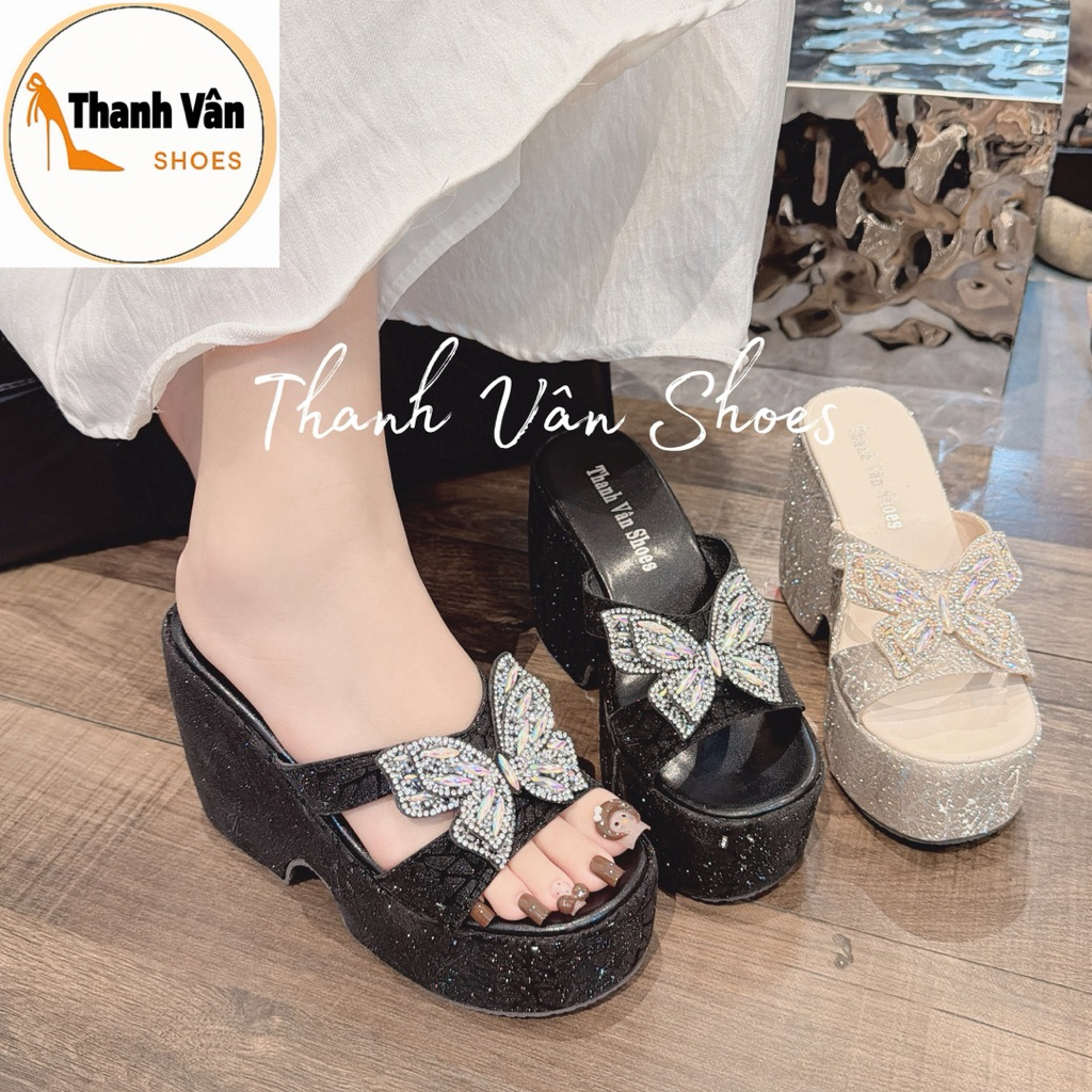 Dép bánh xuồng  kim tuyến phối bông đá tăng chiều cao( D0415)