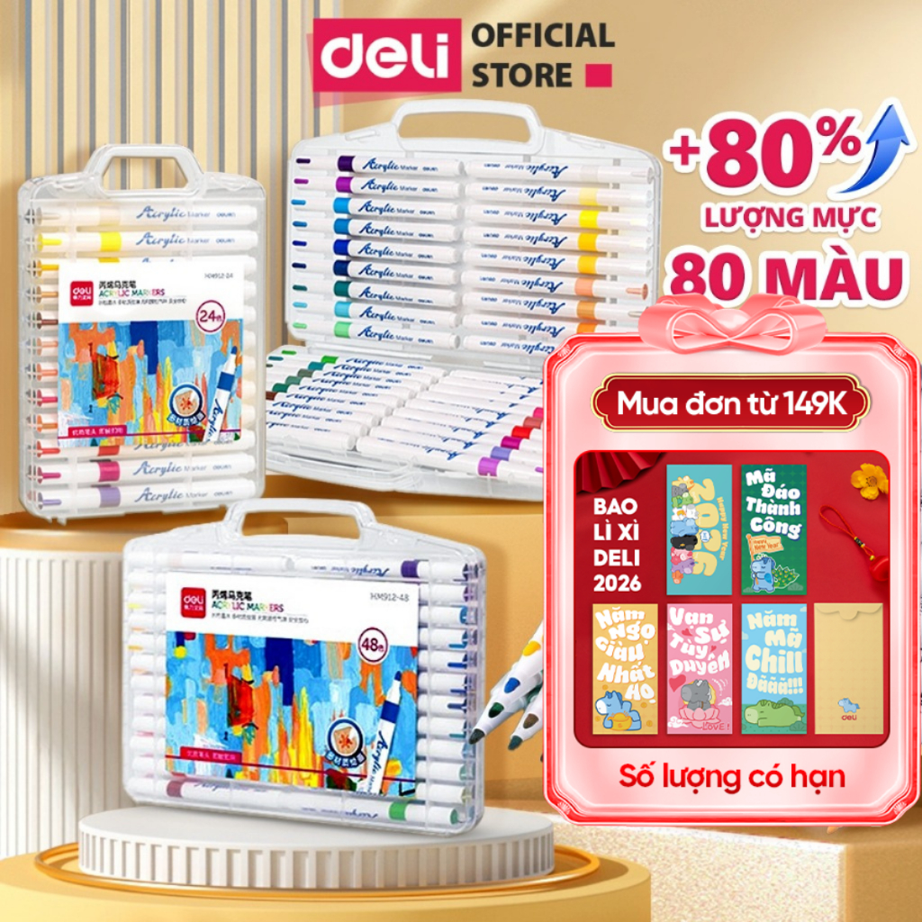 [CHÍNH HÃNG] Bút Sơn Màu Acrylic Marker Chính Hãng Deli THÊM 80% MỰC 12/24/36/48/64 Màu Tô Trên Mọi 