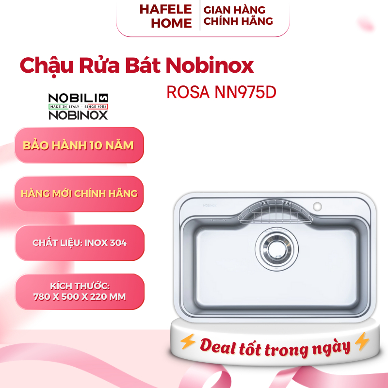Chậu Rửa Bát 1 Hố Nobinox ROSA NN975D – Bát Rác Cỡ Đại 185mm – Hệ Thống 3 Lớp Lọc Rác – EEH