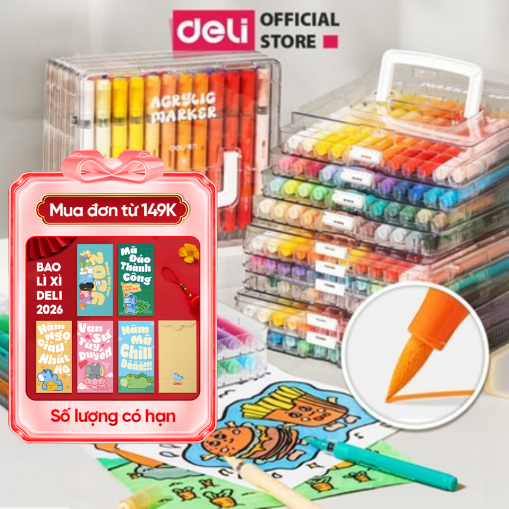 Bút Sơn Màu Acrylic Maker Deli Dạng Roller Hộp Nhựa 24/36/48/60 Màu Vẽ Được Trên Mọi Chất Liệu