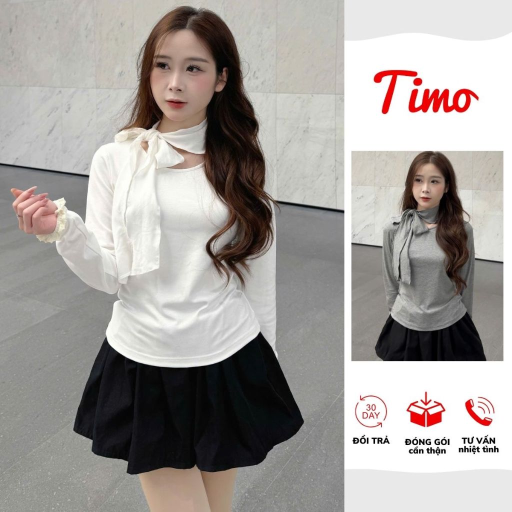 Áo thun nữ tay dài cổ nơ tay áo phối ren form ôm nhẹ thanh lịch dễ phối đồ (kèm quà tặng) AOT106 | BigBuy360 - bigbuy360.vn
