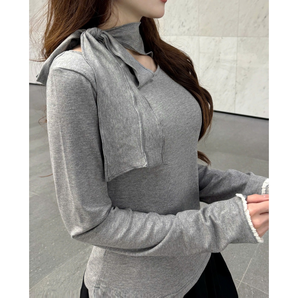 Áo thun nữ tay dài cổ nơ tay áo phối ren form ôm nhẹ thanh lịch dễ phối đồ (kèm quà tặng) AOT106 | BigBuy360 - bigbuy360.vn