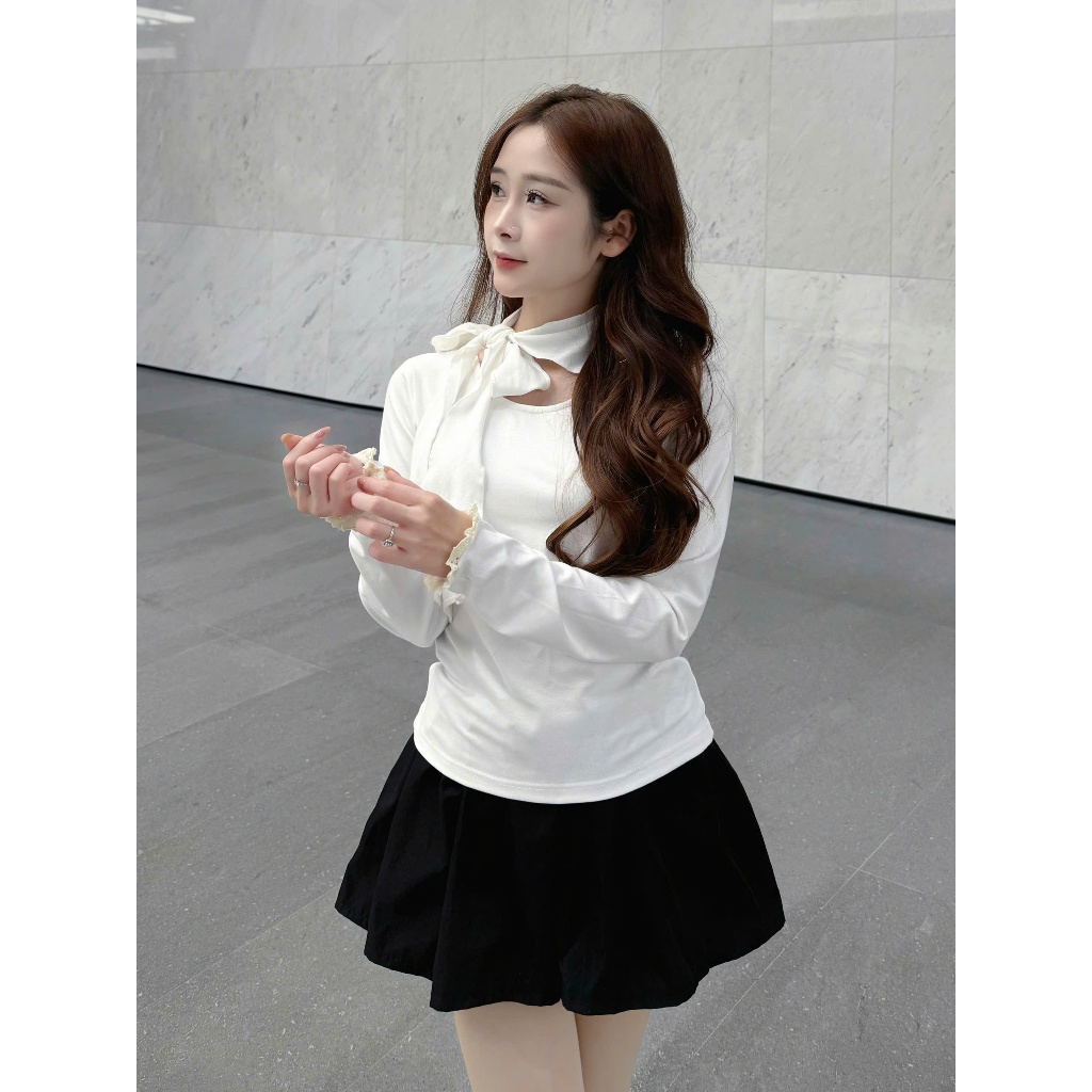 Áo thun nữ tay dài cổ nơ tay áo phối ren form ôm nhẹ thanh lịch dễ phối đồ (kèm quà tặng) AOT106 | BigBuy360 - bigbuy360.vn