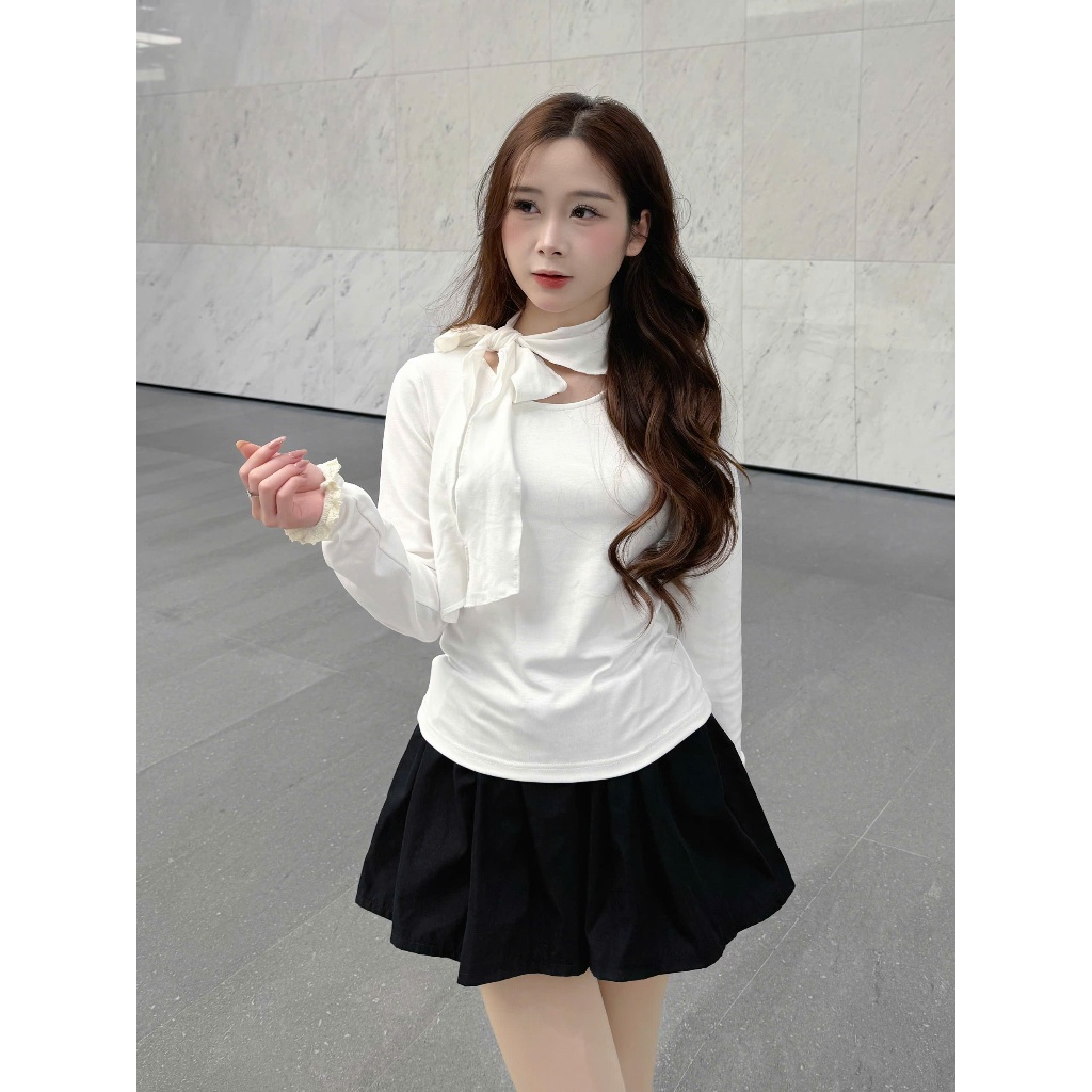 Áo thun nữ tay dài cổ nơ tay áo phối ren form ôm nhẹ thanh lịch dễ phối đồ (kèm quà tặng) AOT106 | BigBuy360 - bigbuy360.vn