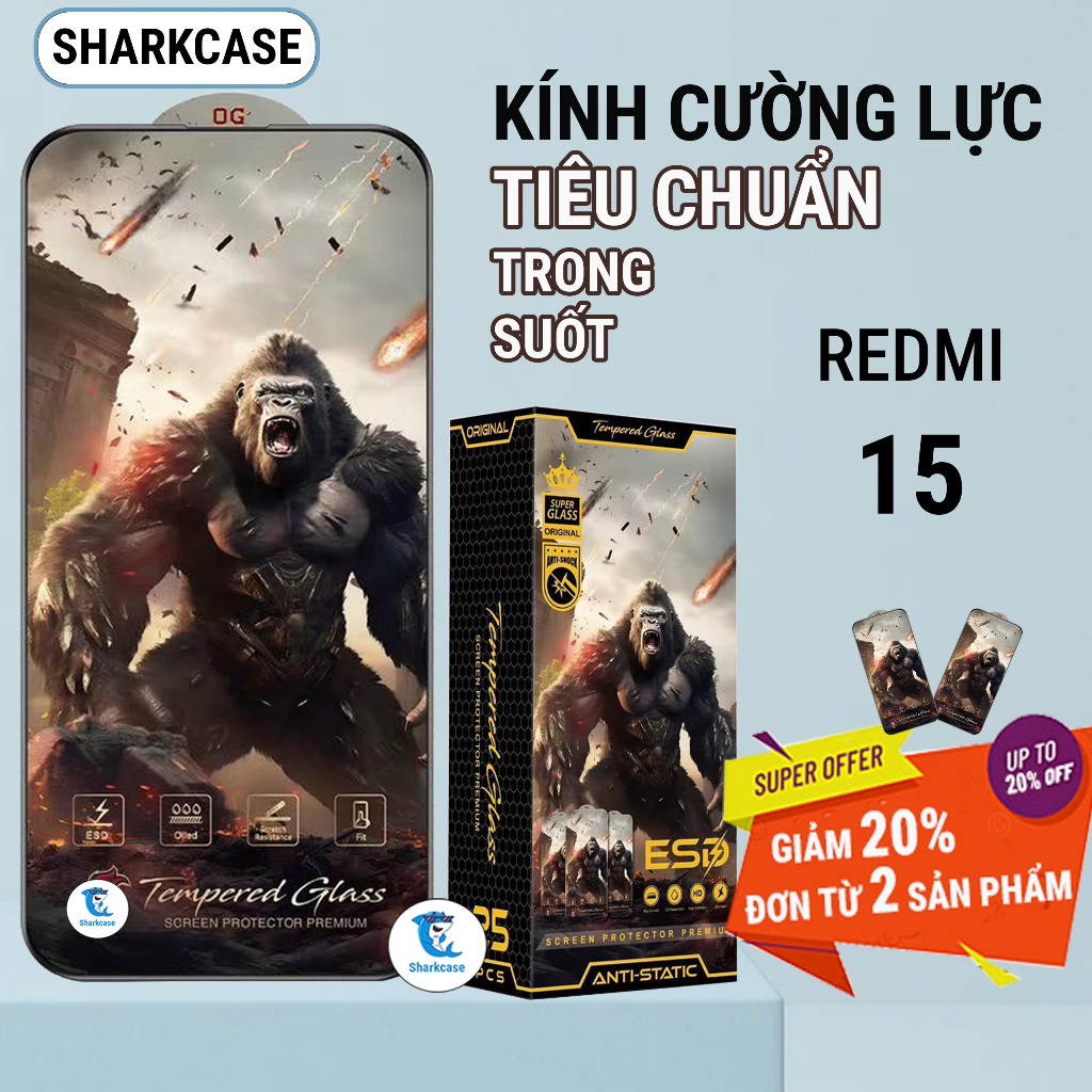 Kính cường lực Redmi 15 chiến binh full màn trong suốt bảo vệ màn hình dt shark case
