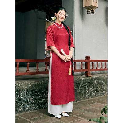 Áo dài Nhã Miên CARDINA tách set chất liệu lụa vân áo dài tay lỡ cỏ tàu và quần lụa 5YADC06, 5YQDR14, 5YQDR17