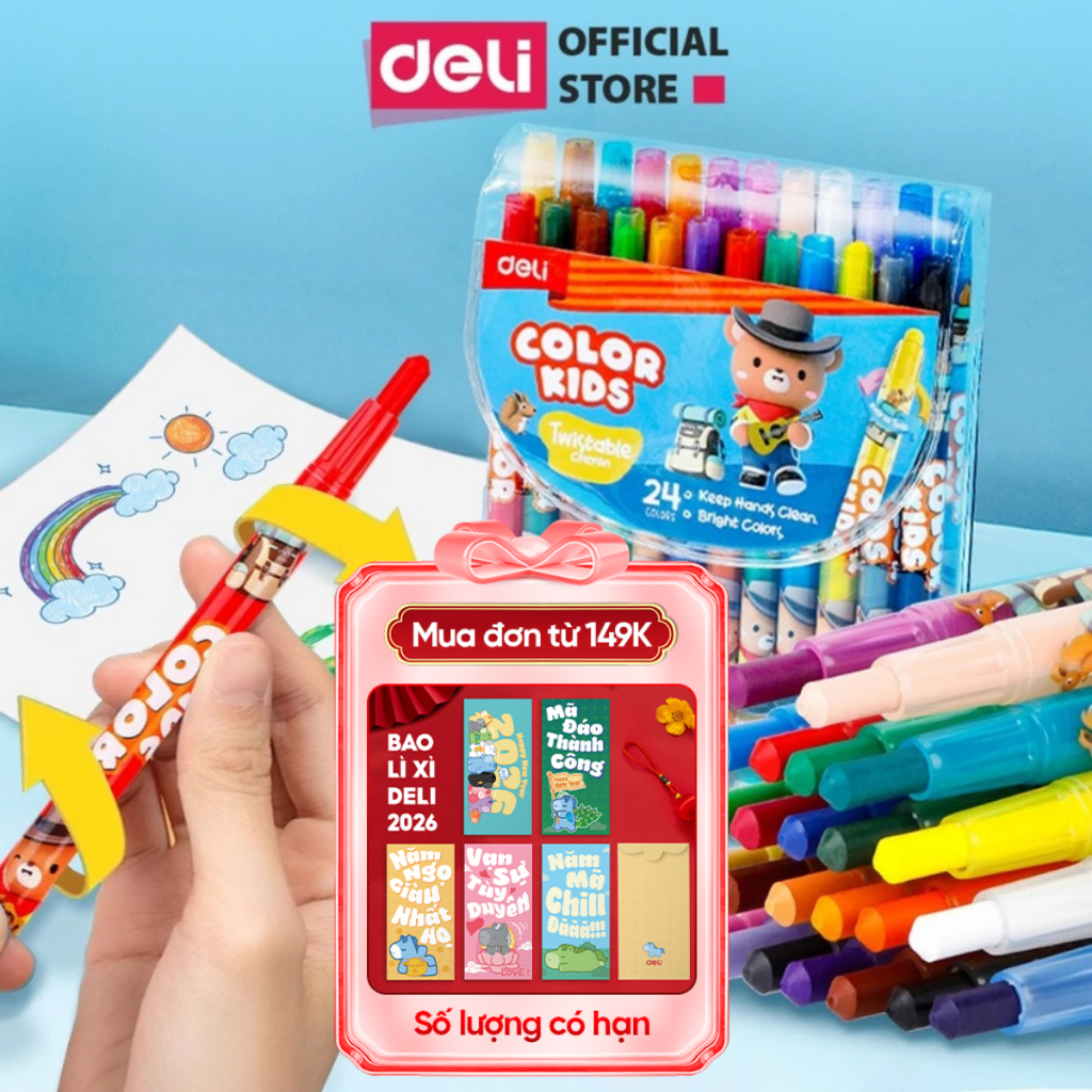 [TRỢ GIÁ] Bút Sáp Vặn Gấu Con Deli 12/24 Màu Sáp Tươi Sáng Lên Màu Chuẩn An Toàn Cho Trẻ Nhỏ Học Sinh Tô Vẽ Tranh