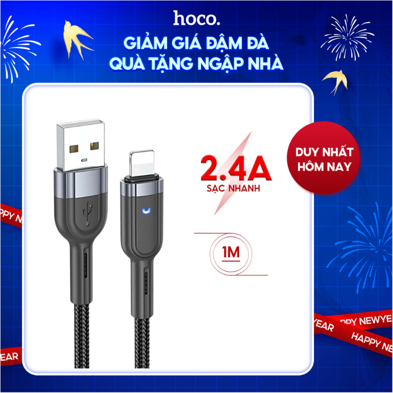 Dây sạc nhanh HOCO, cáp sạc điện thoại chính hãng cổng usb dây dù bọc dùng cho phone 6-14 dài 1m,2m tiện lợi an toàn